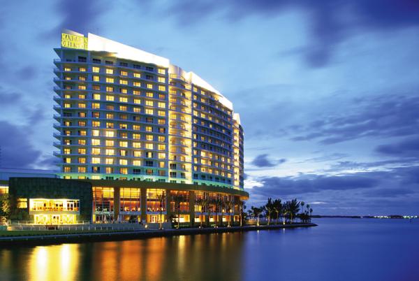 The exterior of the Mandarin Oriental Miami by night